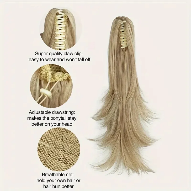 Klip Cakar Rambut Sintetis Tahan Panas Ekstensi Ekor Kuda untuk Wanita Menambah Volume Potongan Rambut Ekor Kuda Panjang Bergelombang Tampak Alami