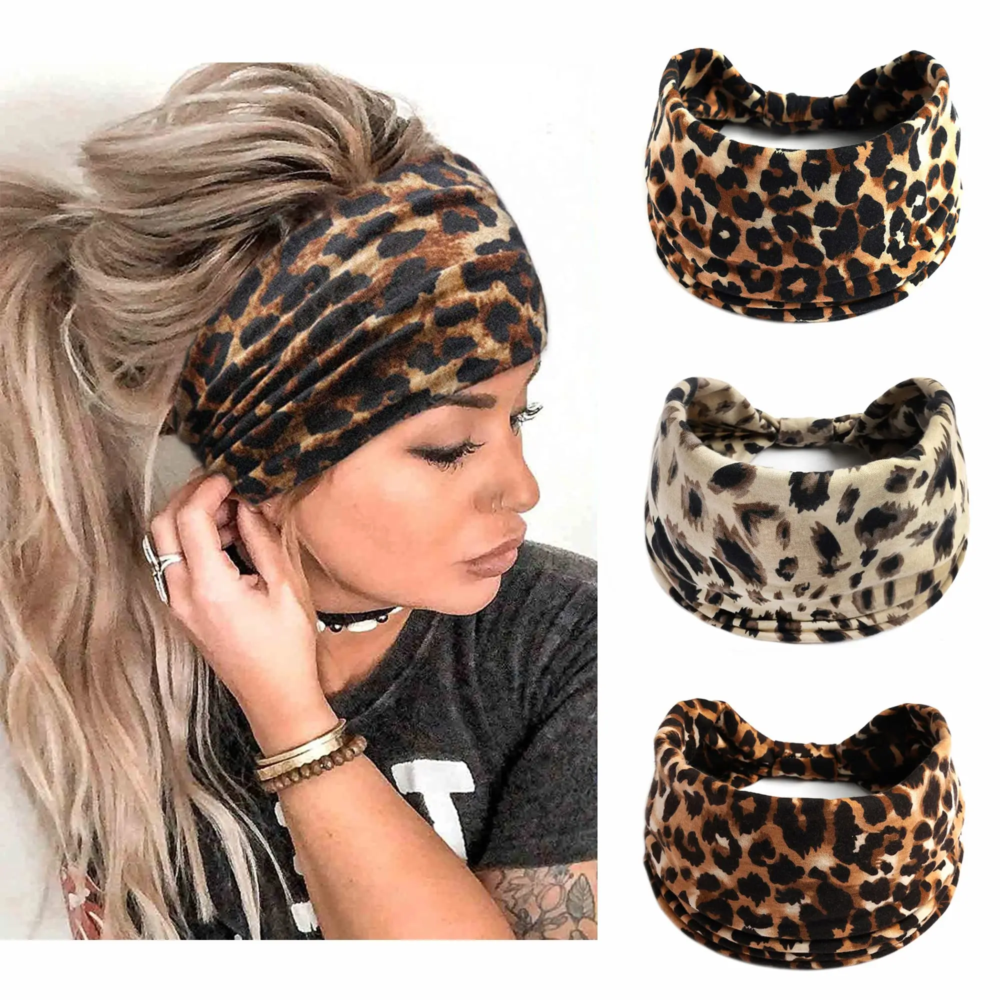 Leopard Print Headbands for Women Wide Boho Turban Head Wraps Cotton Knotted Elastic Hairbands Non Slip Workout Hair Accessories