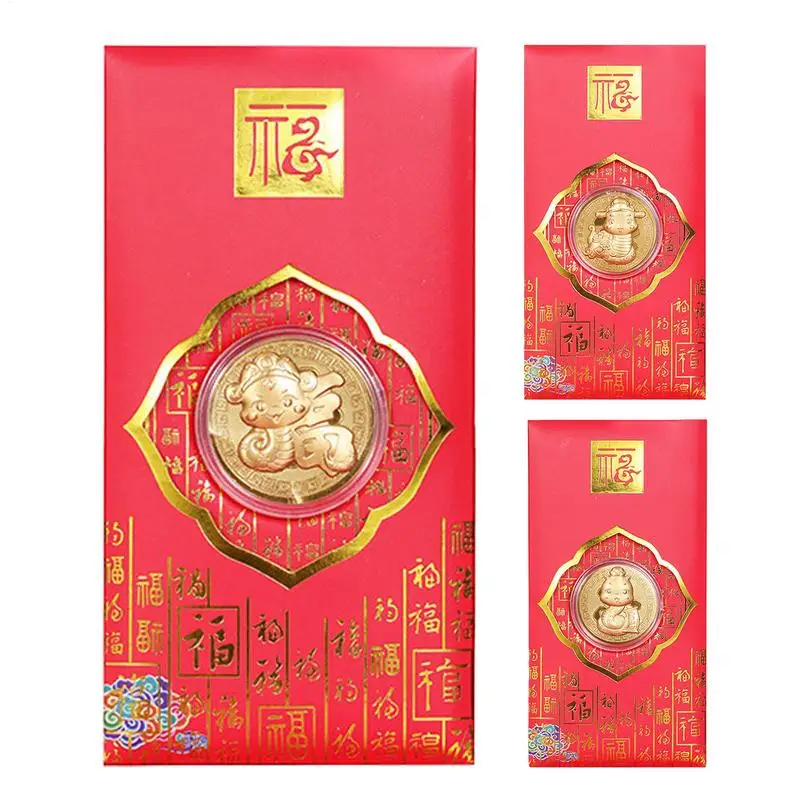 Year of The Snake Coin Good Luck Coin with Red Envelope Chinese Spring Festival Lucky Coin Art Collectibles 2025 New Year Gifts