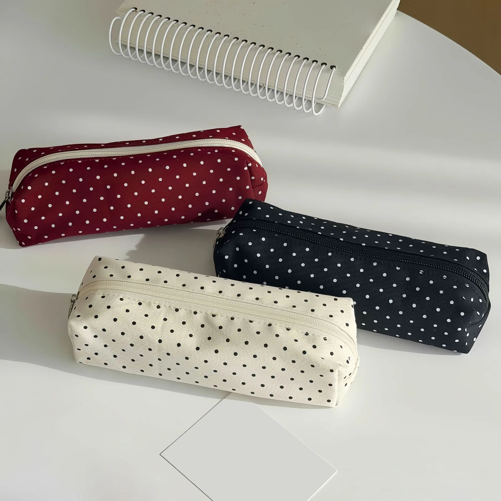 Retro Polka Dot Canvas Pencil Case Large Capacity Stationery Pouch Multi-Purpose Makeup Bag with Zipper, for Women Girl Students