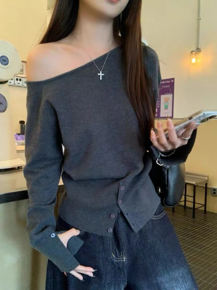 

oulder Bared Long Sve Knitted Sweater Women's Base Layer Faion Design Slit Sle Autumn Thin Moisture ng Single P...