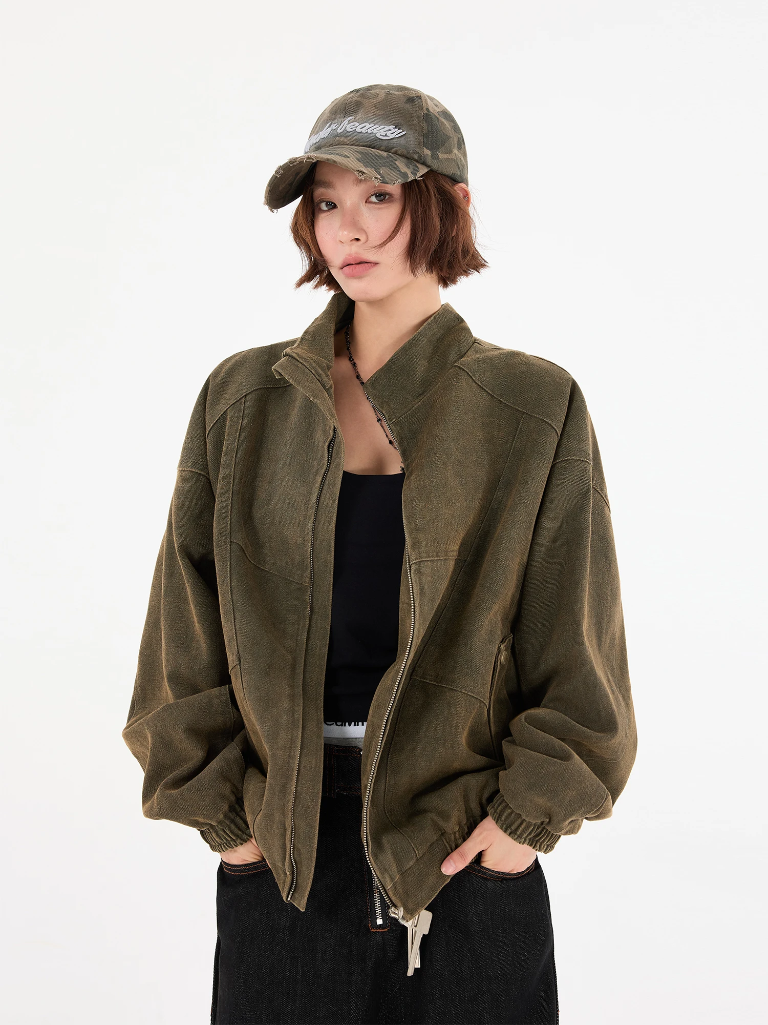 

Женская куртка-харрингтон Damon Island в американском ретро-стиле с воротником-стойкой, деконструированным дизайном и винтажным эффектом