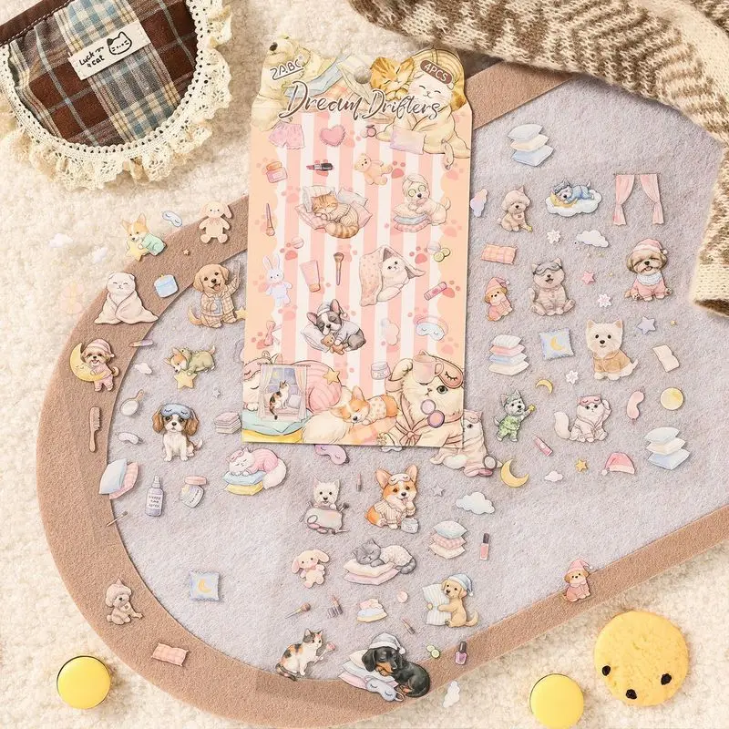 4Pcs PET Gulu Adventure Stickers Cute Cat Dog Pet Character Decals for Journal Scrapbook DIY Collage Decor