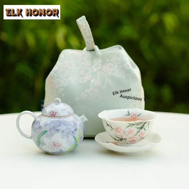 

Hand-painted Lily Fragrance Round-bellied Travel Tea Set Kit Creative 1 Pot 3 Cups Tea Making Organizer Portable Camping Stock