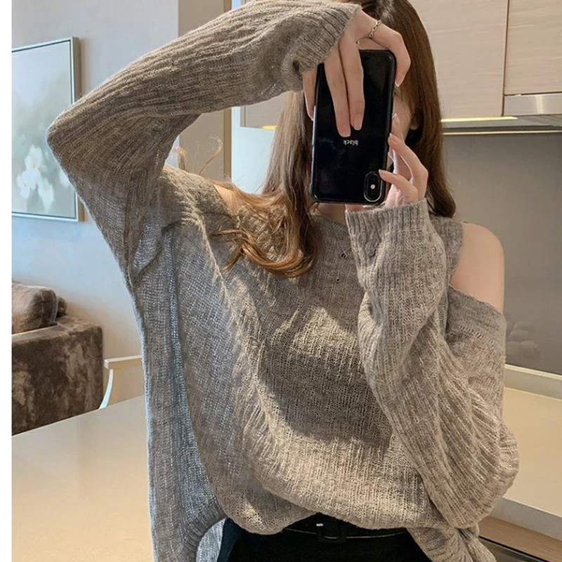 Fashion Solid Color Korean Knitted Off Shoulder T-Shirt Female Clothing 2024 Spring Summer New Loose Sweet Tops Casual Tee Shirt