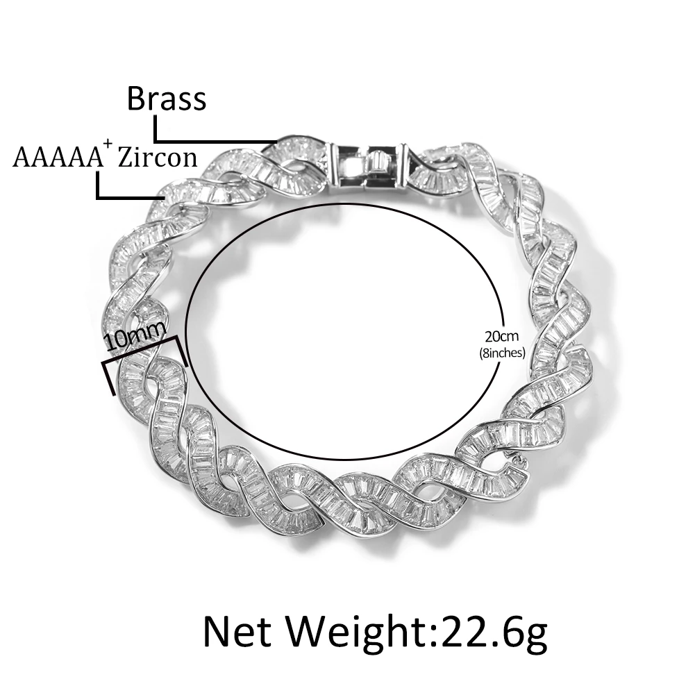 UWIN Iced Out Infinity Baguettecz Chain Bracelets 10mm Men's Twist Cuban Chain Bracelets Hip Hop Jewelry for Rappers