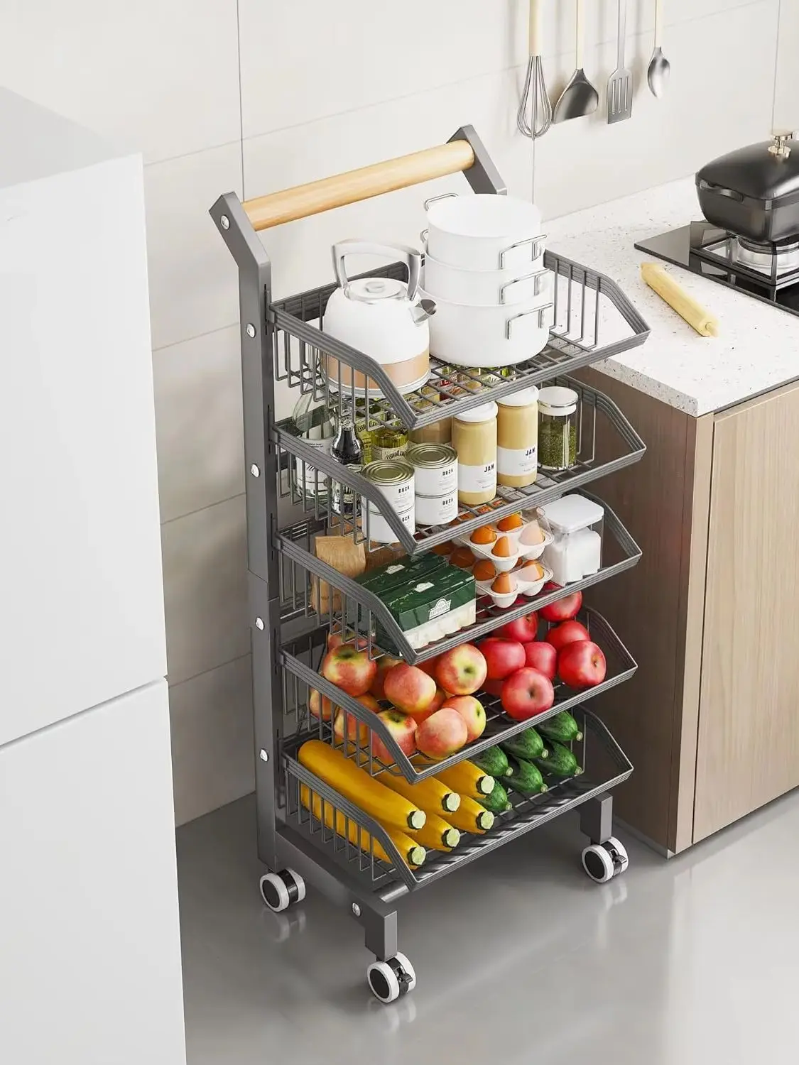 Kitchen Trolley on Wheels, 5 Tier Heavy Duty Vegetable Rack with Wood Handle, Metal Fruit Basket Stand for Onion & Potato Storage, Slim Rolling Storag