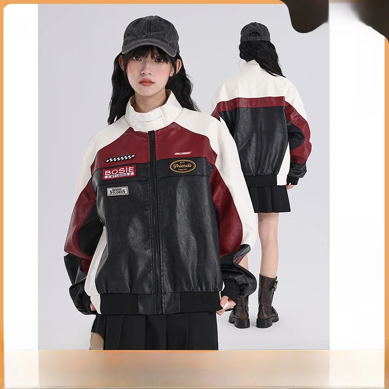 

Bosie American Sle Motorcycle Jaet Couple Version Litchi Pattern Racing Coat Winter New Arrival Outerwear Leather Coat