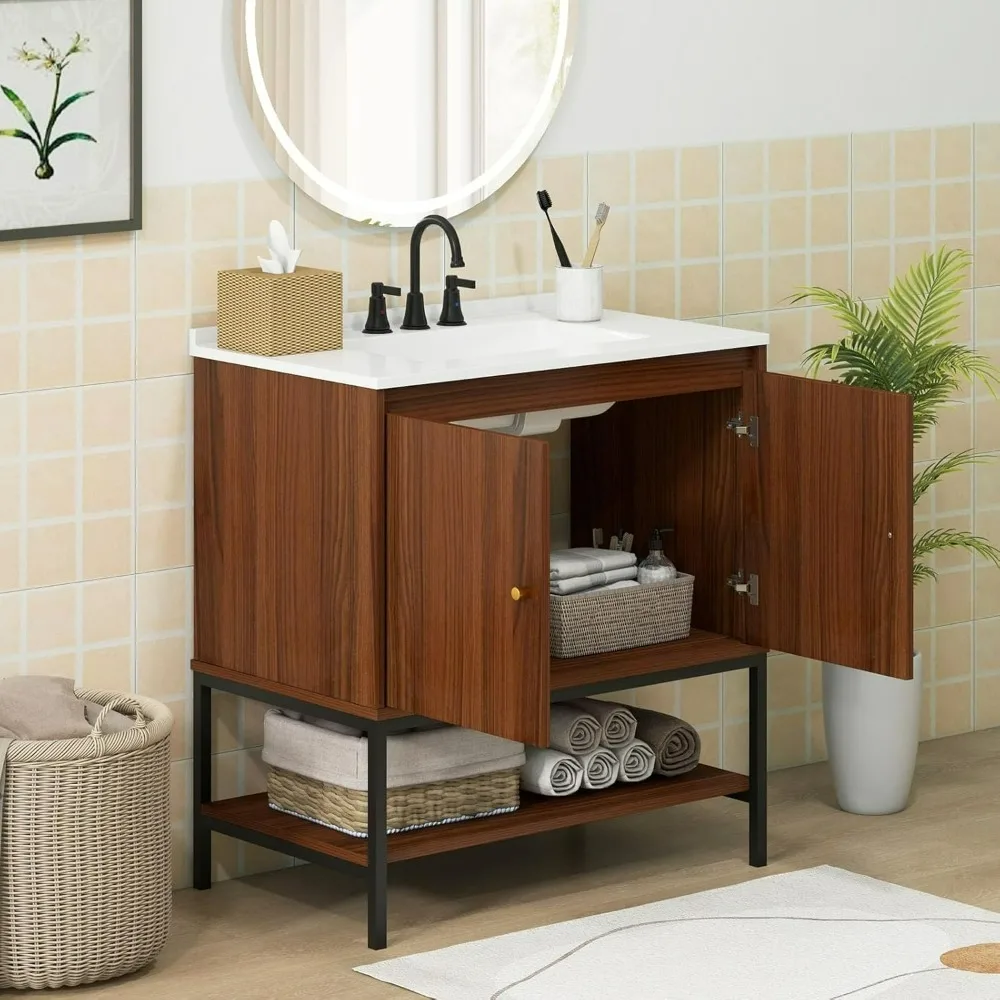 Bathroom Vanity with Sink Combo, Freestanding Sink Cabinet with Doors & Open Shelf,  Storage Cabinet with Wooden Faucet