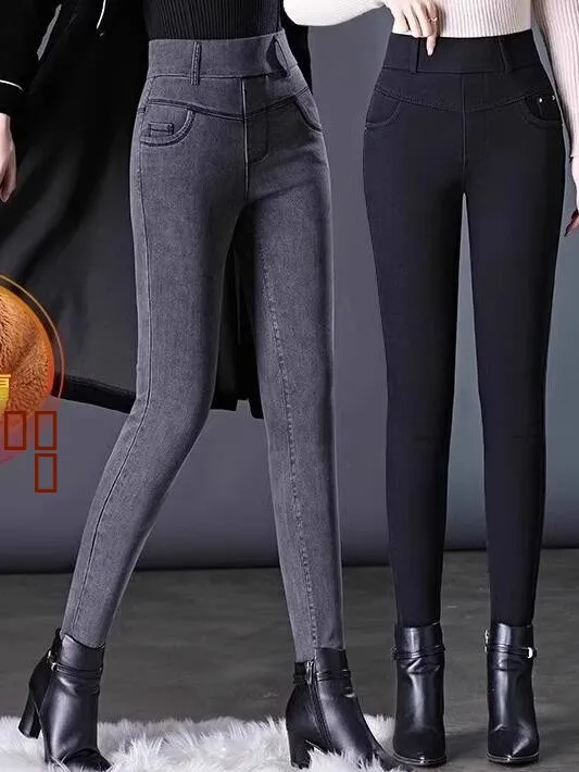 

Женские джинсы с высокой талией на флисовой подкладке, эластичные, стрейч, модель «Мом», длинные брюки, утепленные, модные