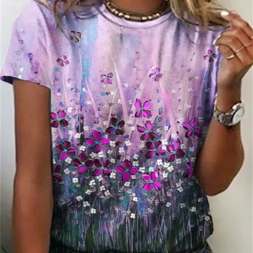 

Summer Flower Printed T-Shirt Women's round Neck Short Sleeve Top European American Style Wish List Trendy Casual Wear