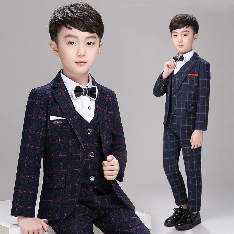 Clearance Stock sale Boys Spring Plaid 3Pieces/Set Jacket Vest Pants Photography Suit Kids Wedding Party Dress Children Costume