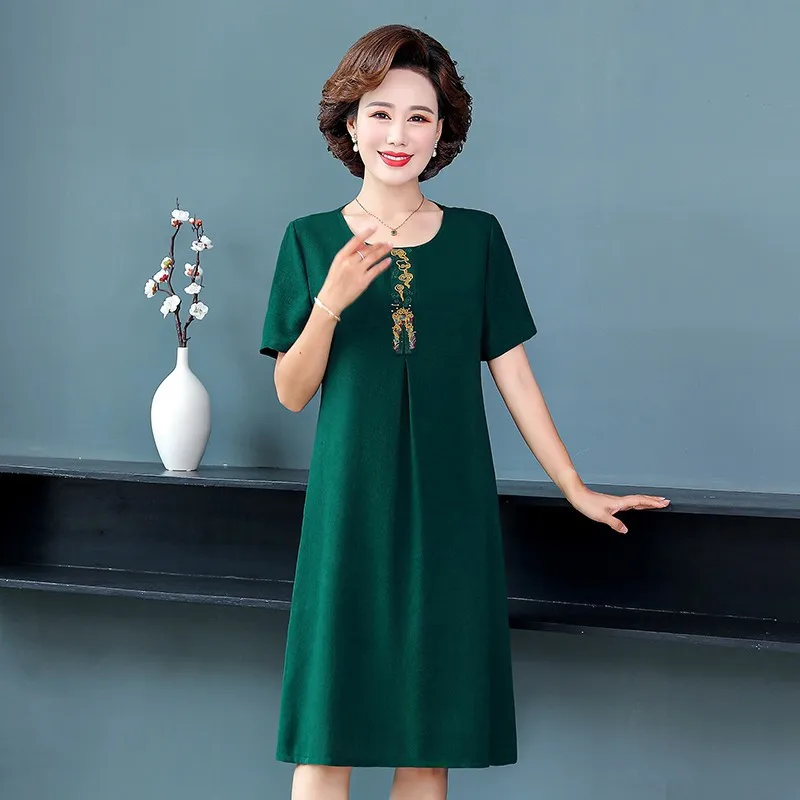 Summer middle-aged mother Vintage Midi Dress embroidery Casual Solid Loose lady Dress Elegant Bodycon Party Vestidos