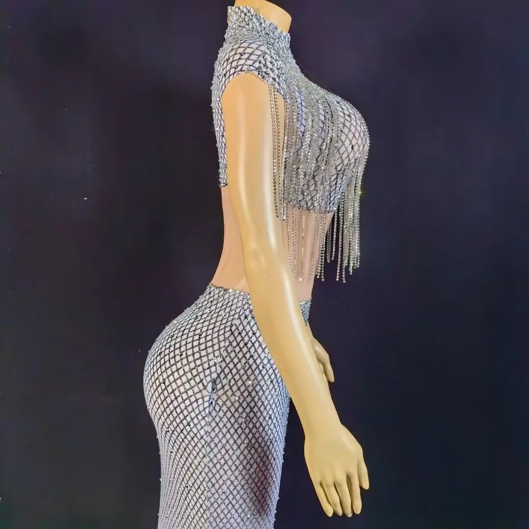 Maßge schneiderte neue sexy Quasten Spitze Diamant Perle Pailletten Feder Wasser Diamant Wrap Hüfte Kleid langes Kleid Performance-Kleid