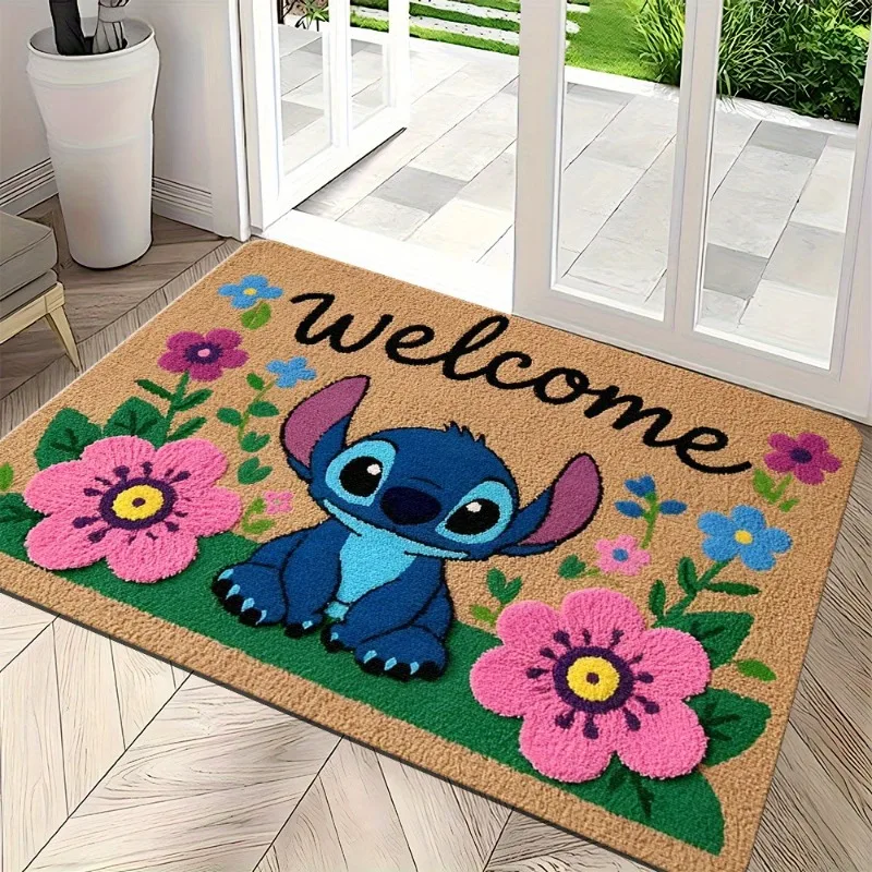 Felpudo de bienvenida Stitch, diseño Floral vibrante, perfecto para entrada del hogar, puertas de dormitorio y baño, fácil de limpiar, solo lavado a mano, 1 ud.