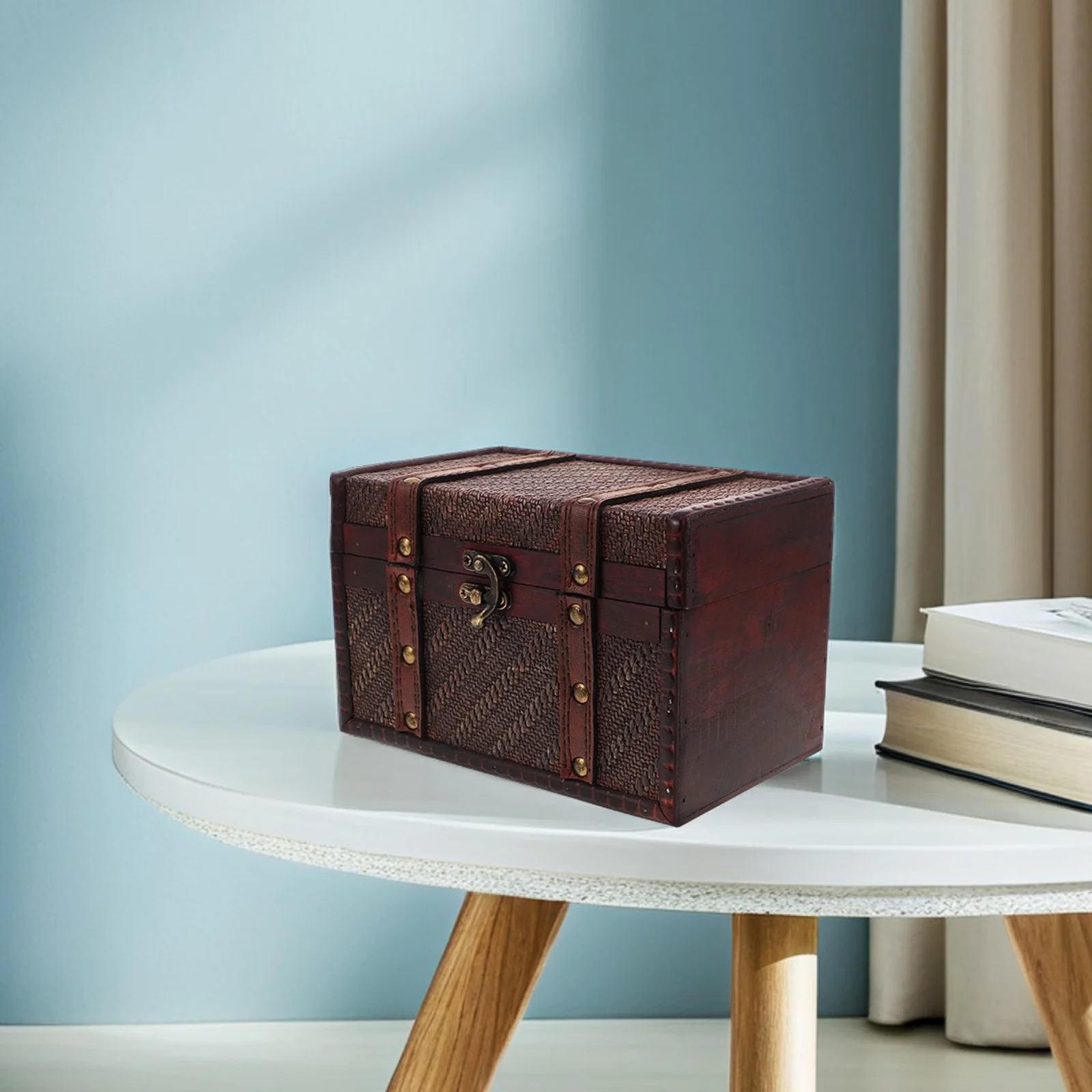 

Vintage Wooden Storage Box with Intricate Woven Texture Ideal for Jewelry Documents Desk Organization Decorative Keepsake