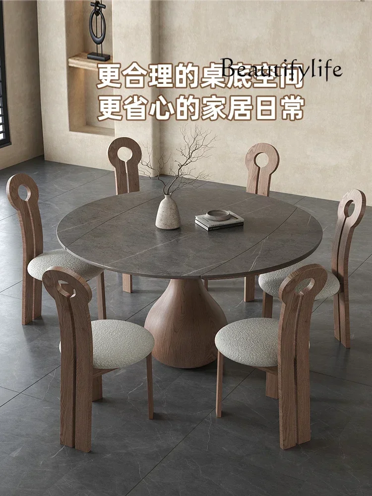 Retractable round solid wood rock slab dining table and chairs modern minimalist function stretch dining table