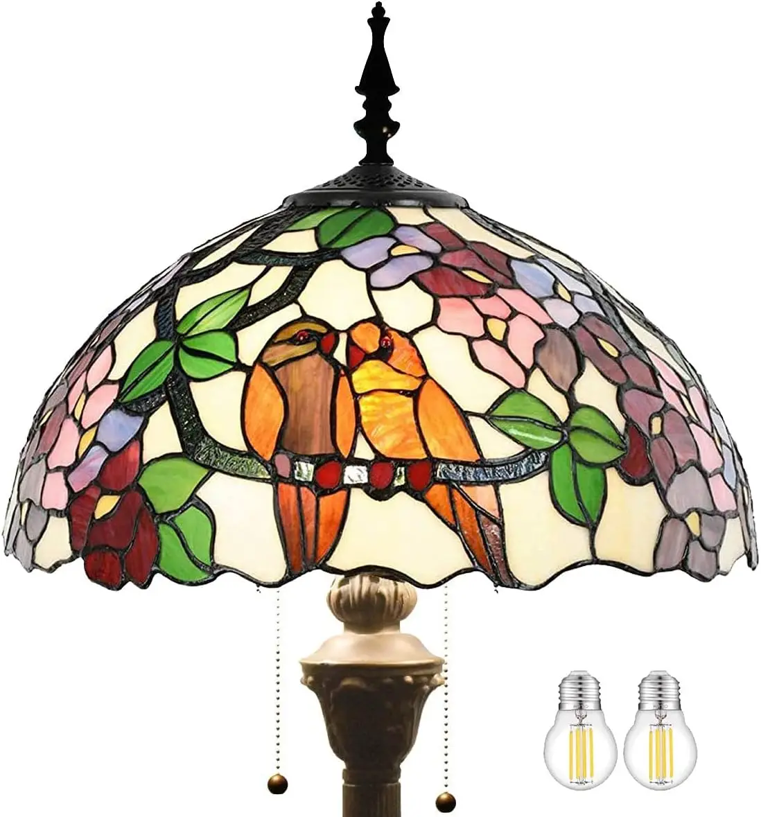 Werfactory Tiffany Floor Lamp Double Tropical Birds Stained Glass Standing Reading Light 16X16X64 Inches Antique Pole Corner