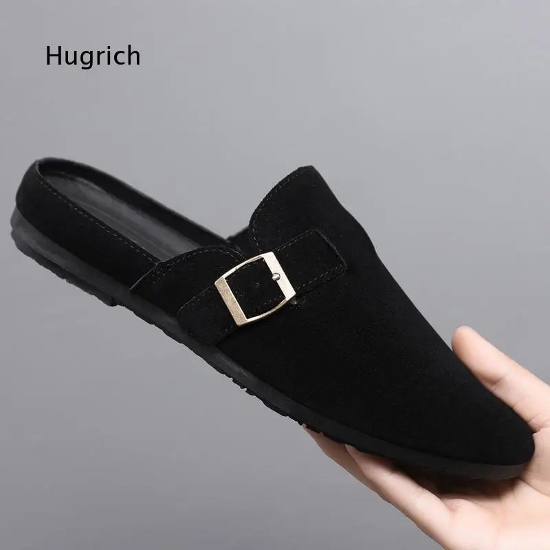 Metal Buckle Closed Toe Mules For Men Black Suede Upper Flat Non Slip Sole Backless Slip On Casual Daily Walking Shoes