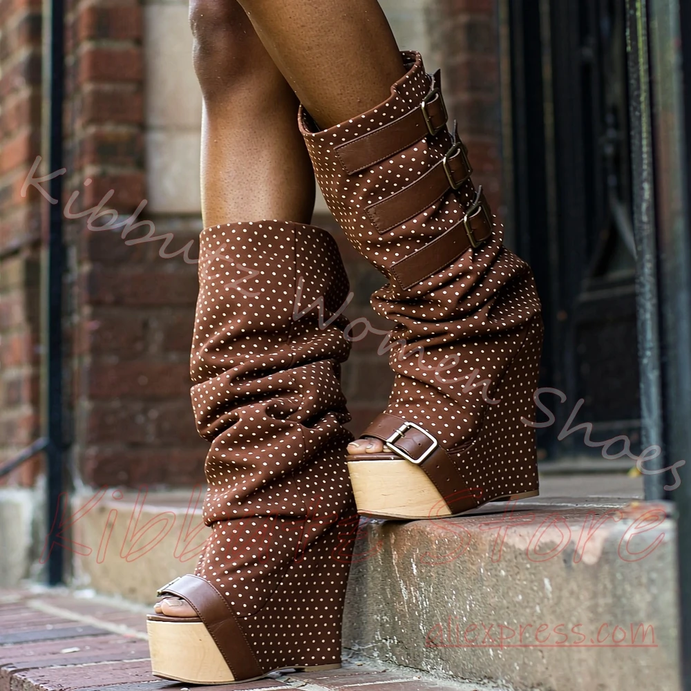 Slouch Polka Dot Platform Sandal Boots Knee High Women Wedge Open Toe Multi Buckle Retro Streetwear Alternative Fashion Elegant