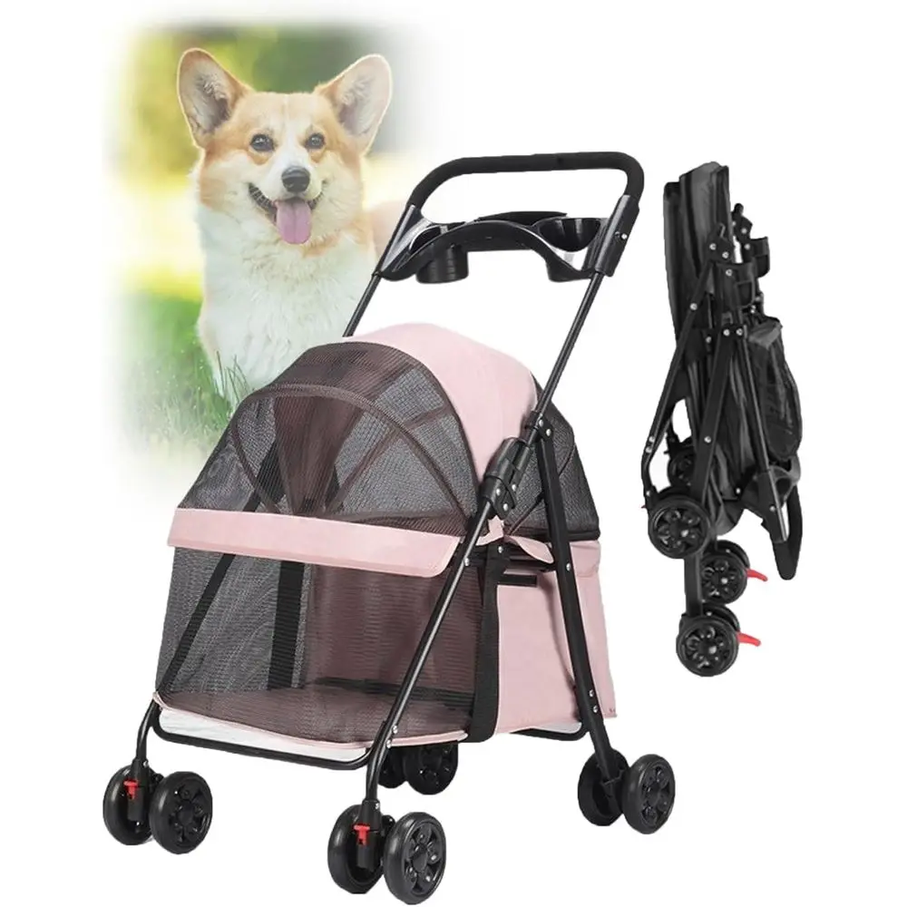 

Розовая дышащая коляска для домашних животных с 360° ° Поворотные колеса, задний ящик и видимость сетки