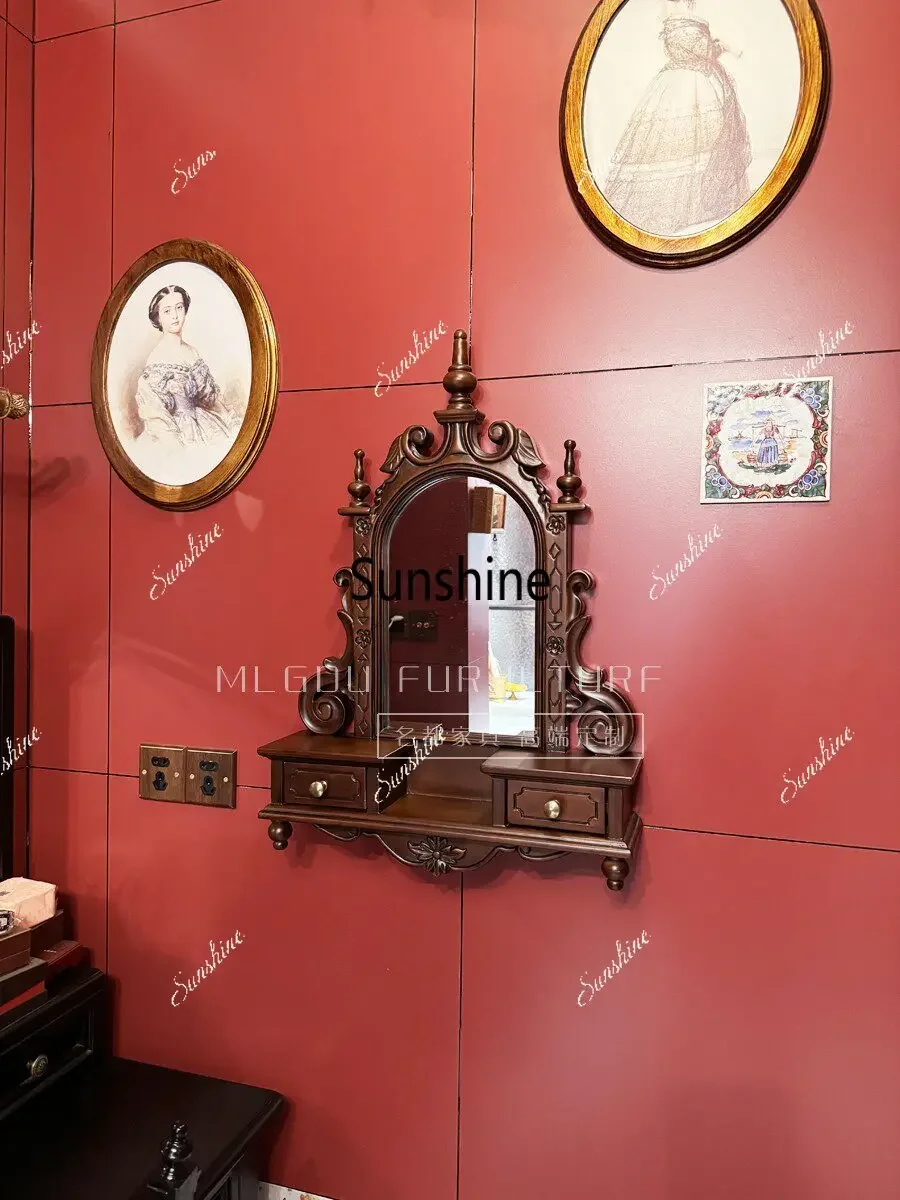 Retro brown makeup mirror wooden medieval furniture customization  FT