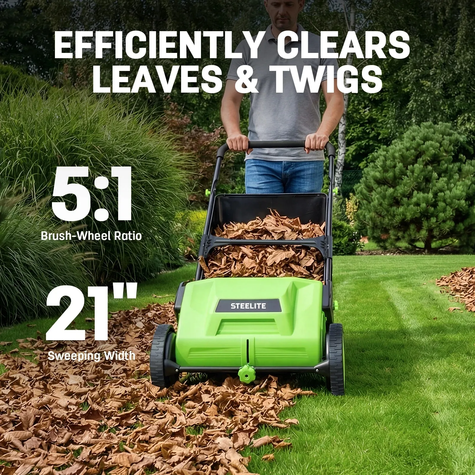 Deli Push Lawn Sweeper 21 Inch Leaf Grass Collector Heavy Duty Steel 3.6 cu ft Mesh Bag 2 Spinning Brushes Manual