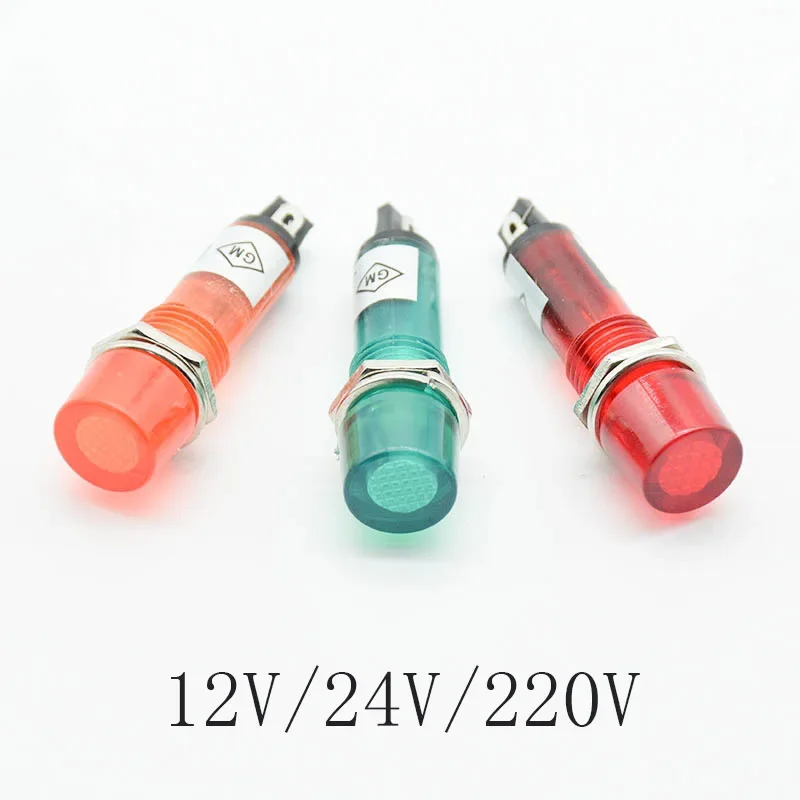 5Pcs 220V 12V 24VDC  Mounting hole 10mm  Signal Lamp Panel Mounting Neon Indicator Red Green orange Lights