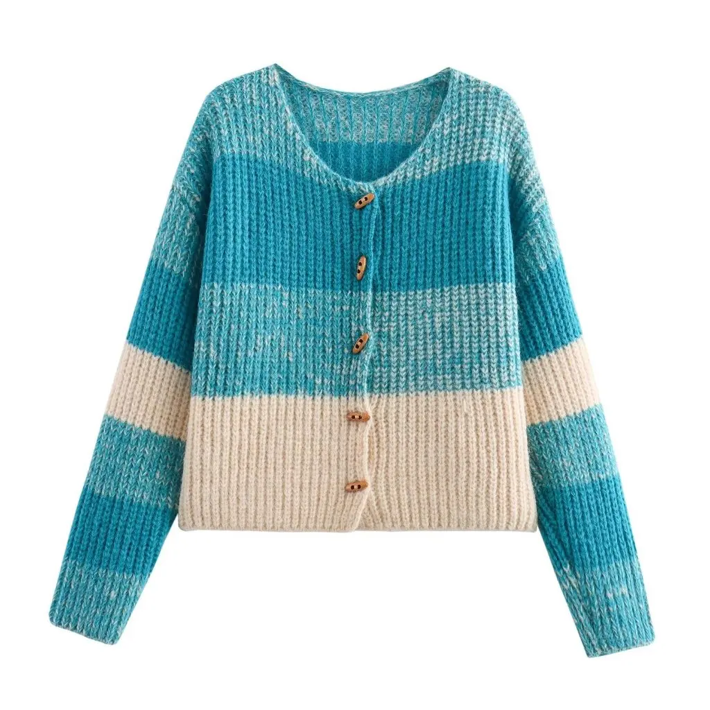 

Women's V-neck Knitted Cardigan Sweater Gradient Color-matching Thick Wide Striped European American Style Winter Clothing