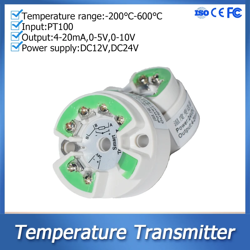 Intelligent Temperature Transmitter PT100 Sensor 4 20mA 0-5V 10V Output DC24V PT100 Thermistor Temperature Transducer