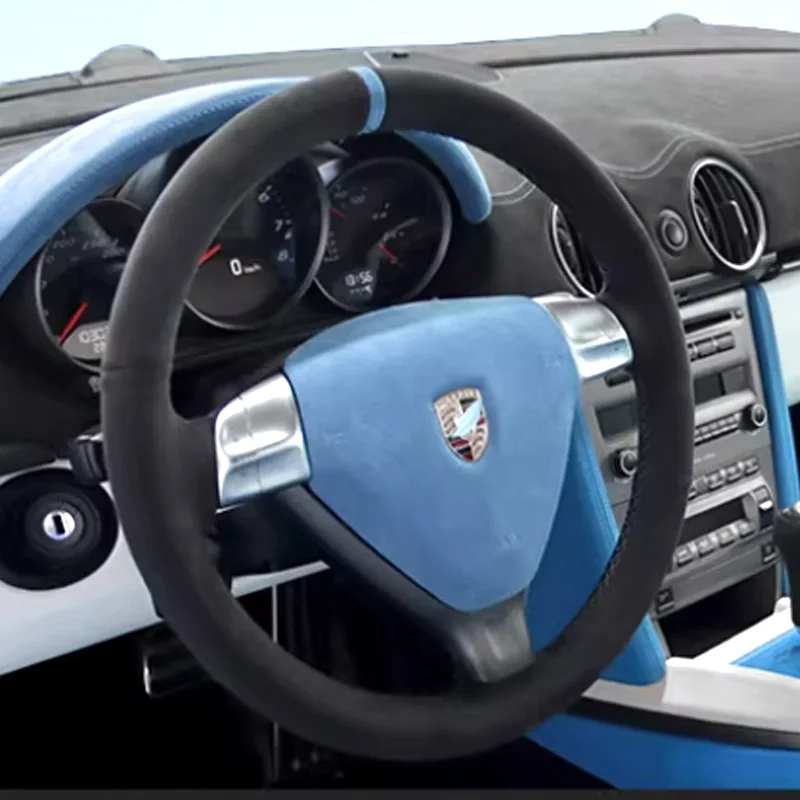 

DIY Black Suede Blue Center Stripe Steering Wheel Cover Interior for Porsche 911 997 Boxster 987 Cayman 987 2005-2009