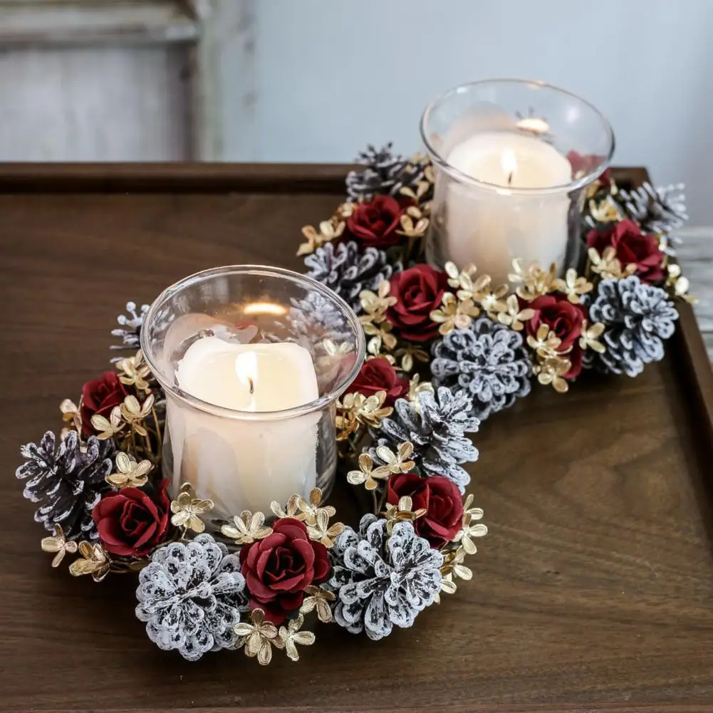 Maple Leaf Candle Garland Handmade Christmas Candle Ring Wreath with Artificial Pine Cone Roses for Wedding Party for Front