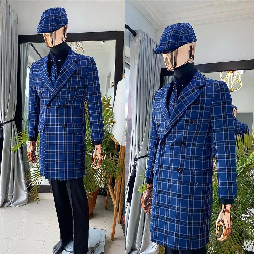 Customized Formal One Piece Long Jacket Casual Double Breasted Man Notched Lapel Plaid Wedding Coat for Prom Party