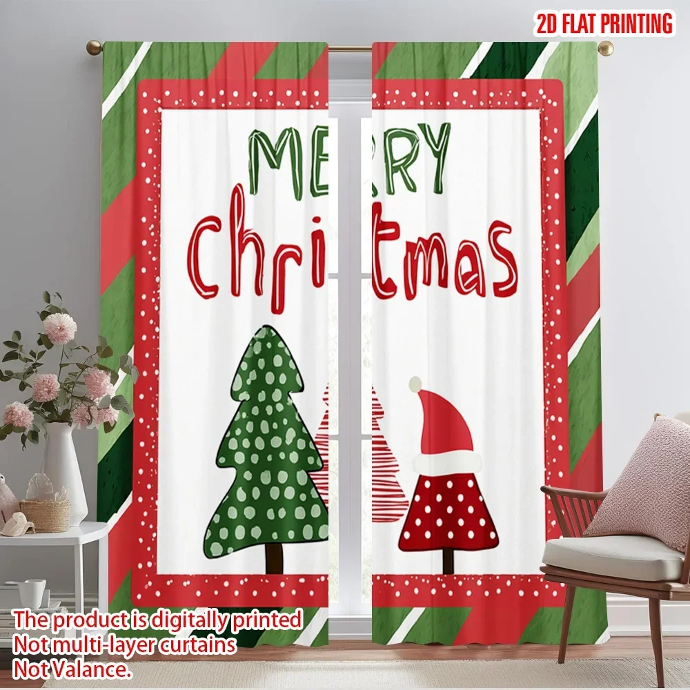 

2pcs,2D plane printing Popular Curtain Panels Xmas Tree Versatile Durable Polyester (without rod) Festive for Bedroom, Living
