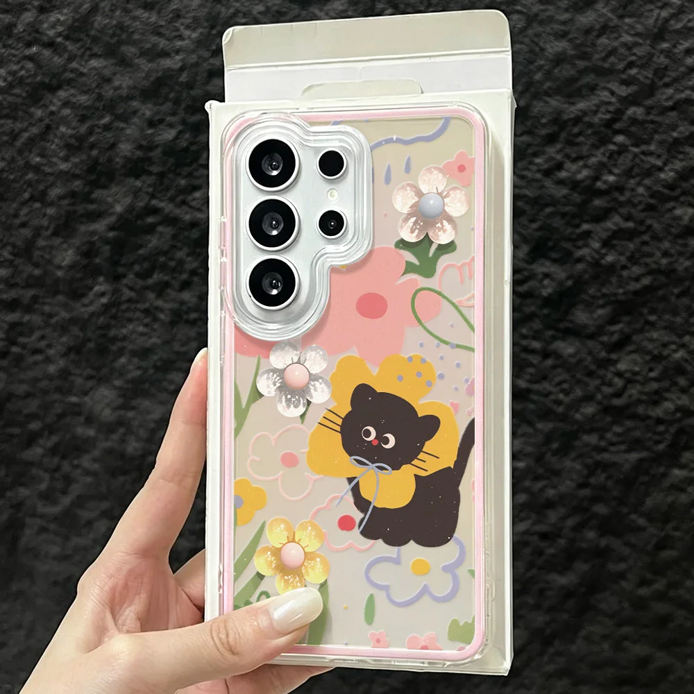 Two-in-One Phone Case for Samsung Galaxy S23 S22 Ultra S26 Plus S25 Edge S24 FE Cases Black Cat Floral Girly Protective Cover