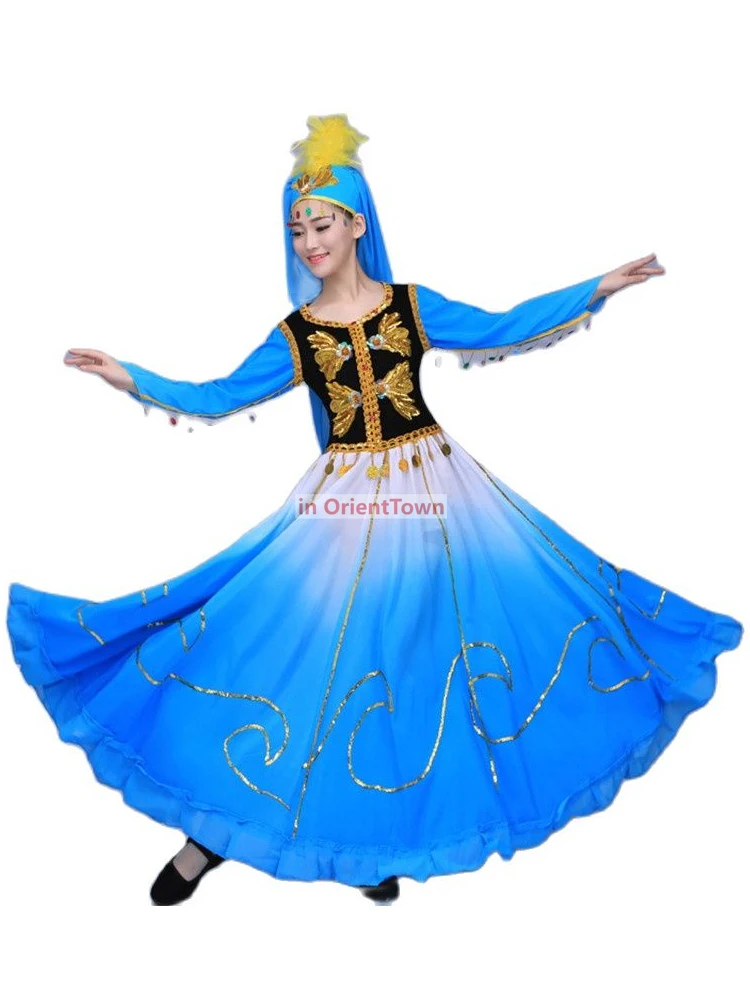 أزياء الرقص الشعبي الصيني شينجيانغ الملابس النسائية الوطنية فستان المسرح الشرقي ملابس الأداء الملونة