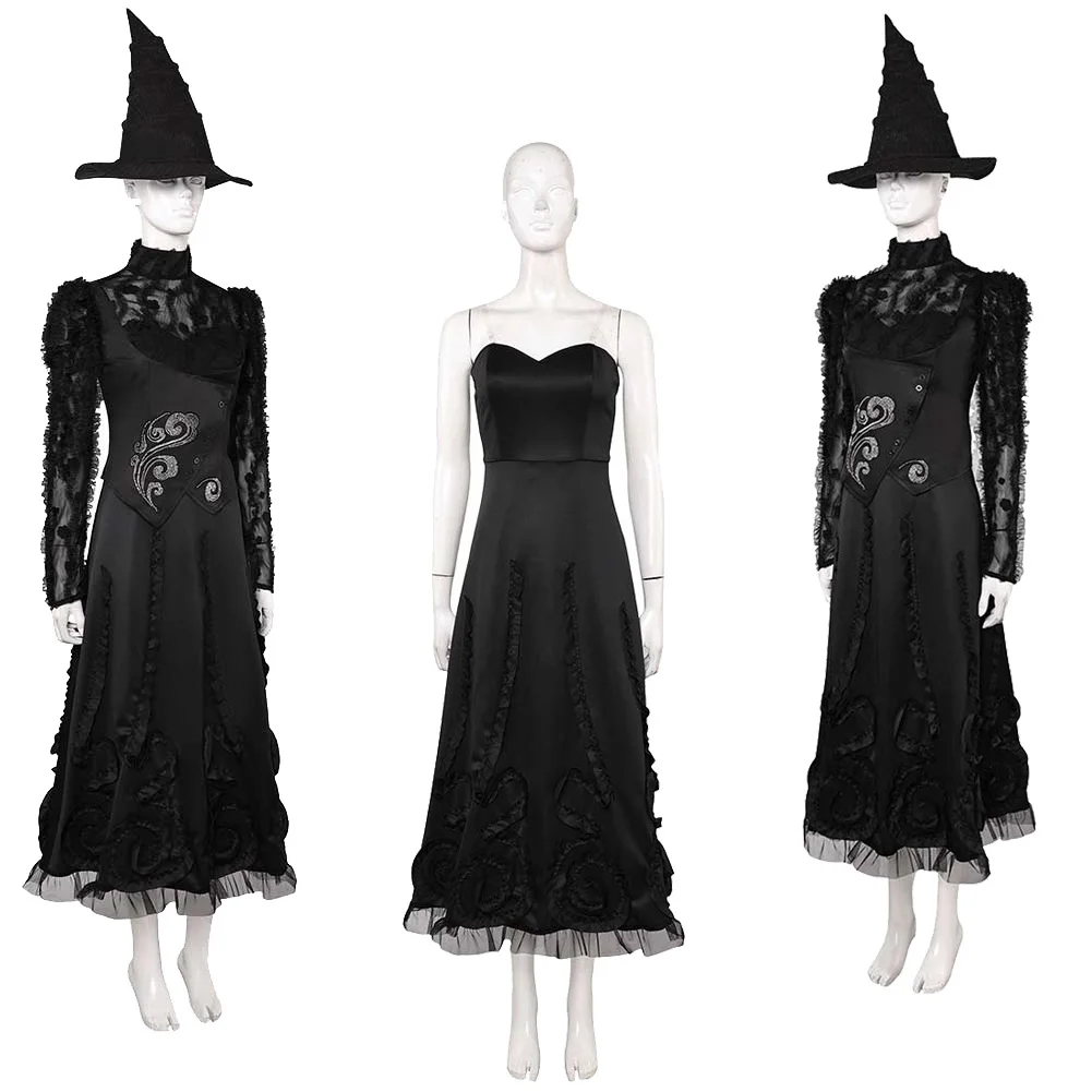 Elphaba Mesh Sleeve Dress Cosplay 2024 Movie Wiked Costume Women Disguise Black Dress Skirts Witch Hat Halloween Party Suits