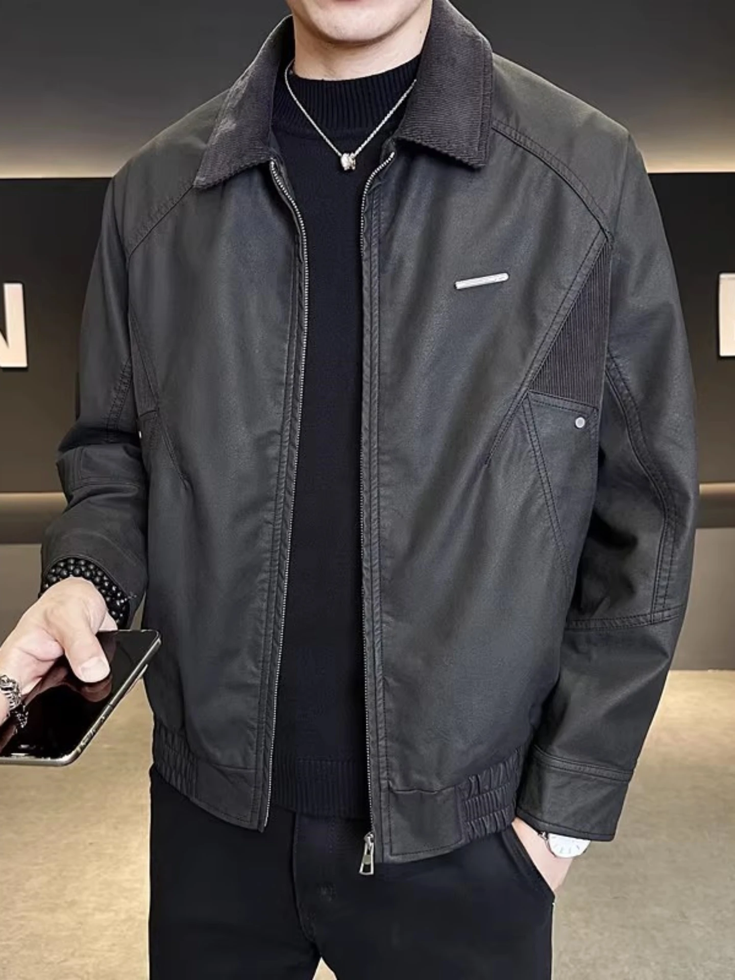 

Повседневная модная мужская куртка из искусственной кожи, весенне-осенняя свободная посадка с воротником-стойкой, молодежная верхняя одежда, модное пальто Sli