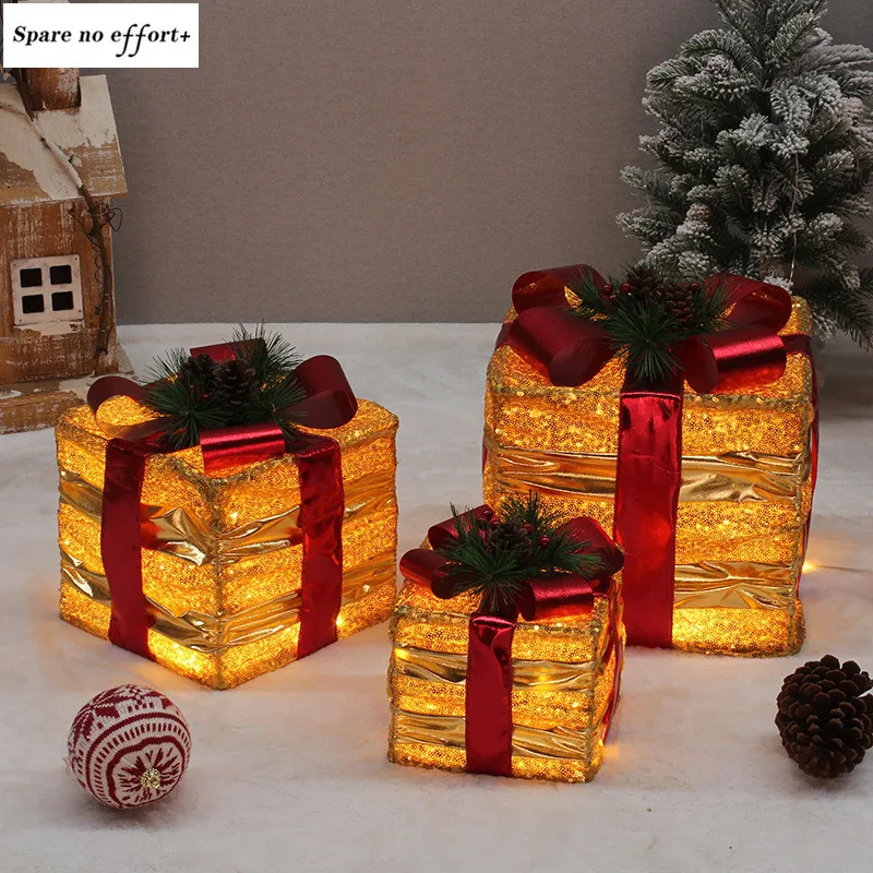 3pcs/set Christmas Decoration Gift Box With Lights Christmas Tree Ornament Luminous Home Outdoor Mall Market Navidad Xams Gift