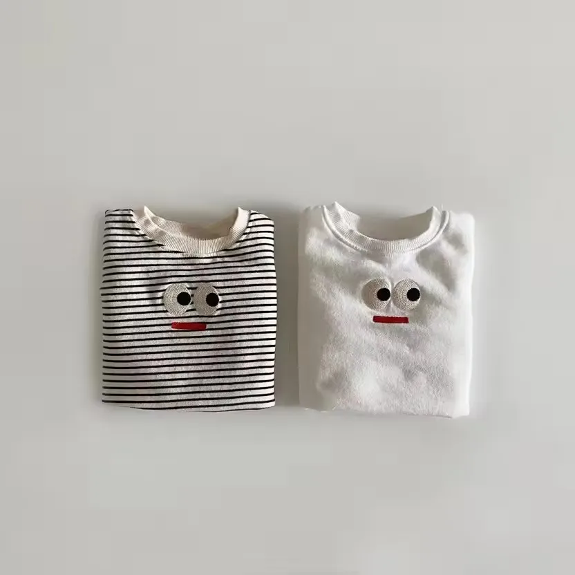 2026 Summer Baby T Shirts 0-3Y Cute Embroidered Big Eyes Boys Girls Cottpn Tee Tollder Kids Striped Tops Infant Clothes