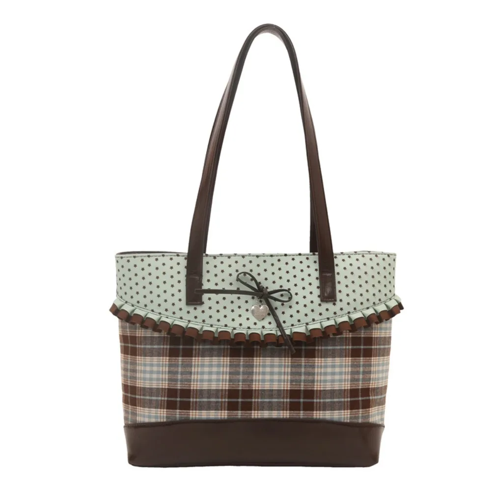 

Elegant Mint Green Lace Plaid Tote Bag Bowknot Polka Dot Patchwork Handbag Large Capacity Cloth Canvas Tote Bag Casual