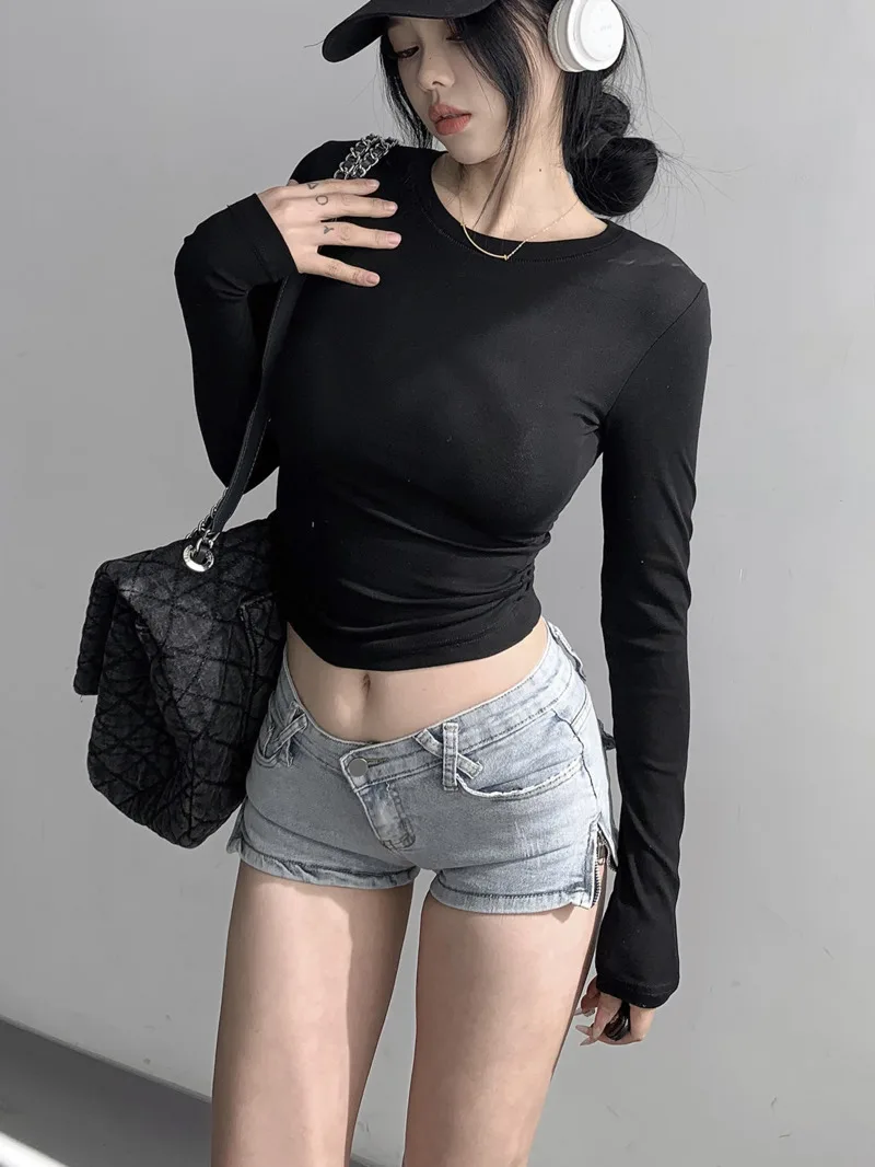 American Style Solid Long Sleeved Round Neck T-shirt Women 2024 Autumn/winter New Style Cinching Waist Slim Short Top D558