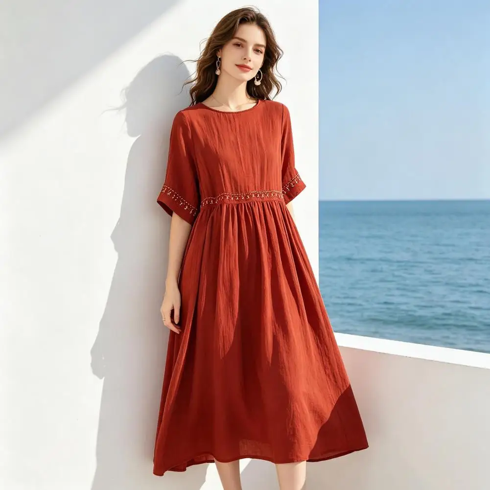 Women Dress Loose Fit Mid-length Dress Plus Size Summer Dress Women Boho Short Sleeve Beach Flowy A-line Crew Neck Loose Long