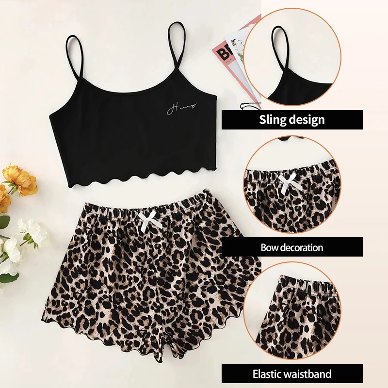 Fashionable New Letter Camisole Vest Paired with Leopard Print Bow Shorts Summer Casual Home Clothing Set