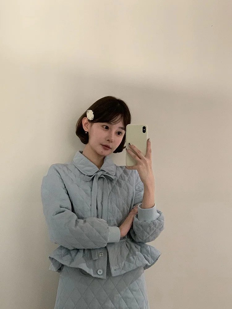 

Зимний женский модный комплект: пальто с ромбовидным узором и юбка с завышенной талией, хлопковая верхняя одежда, костюм-двойка