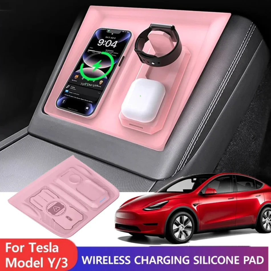 

3 in 1 Rechargeable Mobile Phone Earphone Watch Center Console Silicone Pad for Tesla Model Y 2021-2024 Model 3 2021-2023