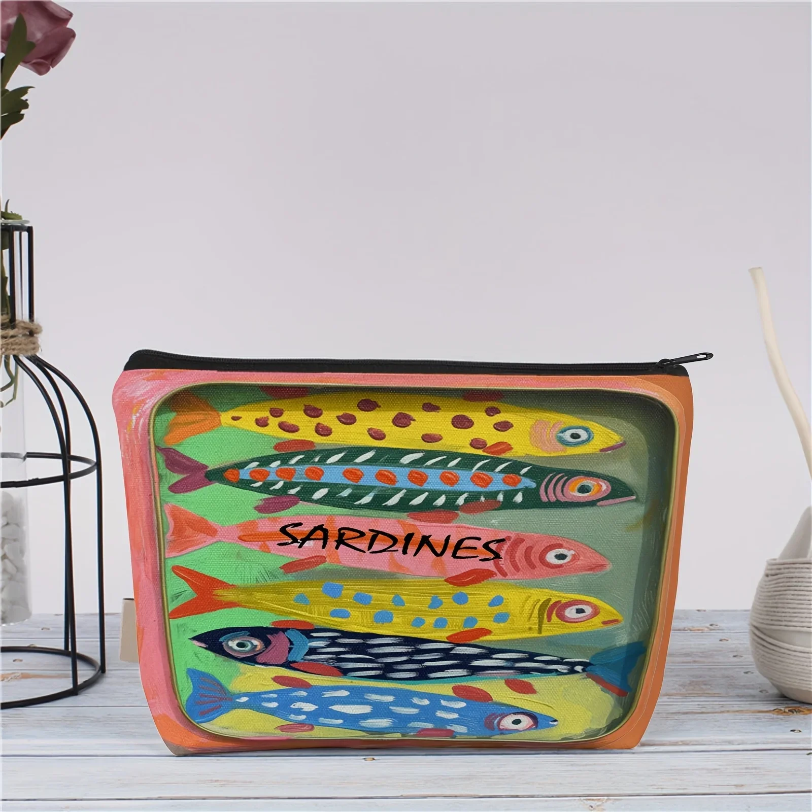 Vintage Sardine Design Zipper Pouch - Multifunctional Travel Bag For Cosmetics, Snacks, Toiletries, Coins, Pencils