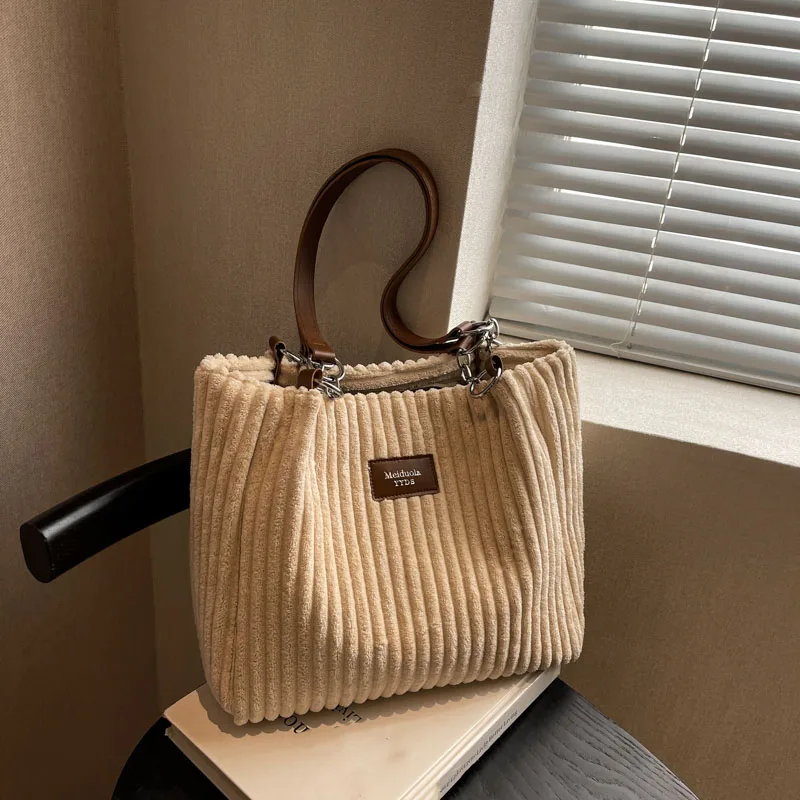 Corduroy large capacity tote bag for women, office workers, college students, daily commuting shoulder bag