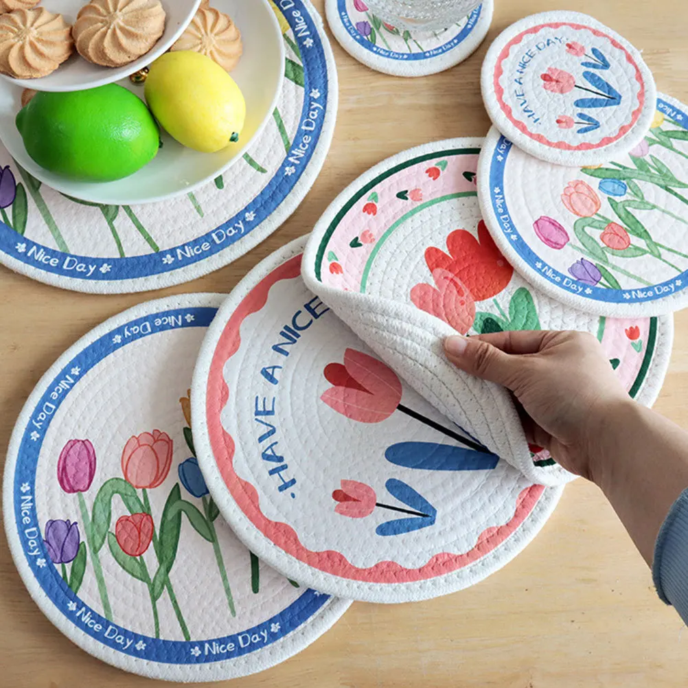 

4pcs Heat-Resistant Placemat Round Woven Cotton Rope Table Mat Insulated Anti-Scalding Pad For Dining Table Tulip Pattern