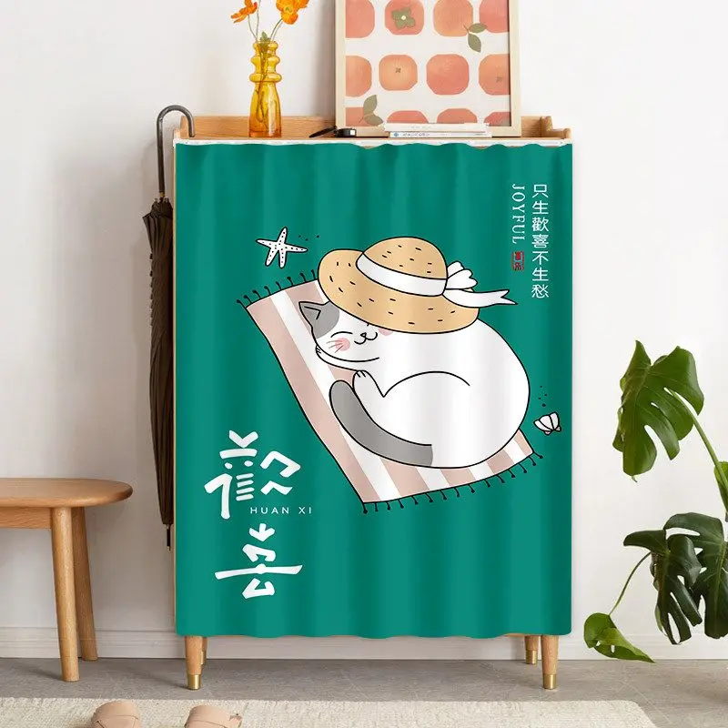 VIKAMA Minimalist Cabinet Door Curtain White Cat Mountain Print Furniture Dust Cover No Pole 2D Flat Print Easy Install Home
